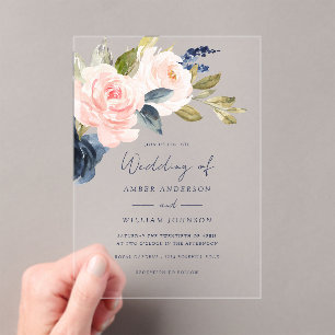 Invitations En Acrylique Mariage Floral Navy Blush