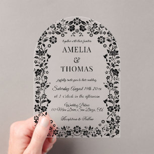 Invitations En Acrylique Mariage floral noir élégant