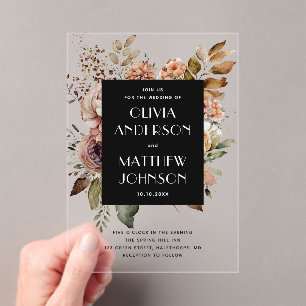 Invitations En Acrylique Mariage Floral Noir Élégant Botanique Bohème Aut