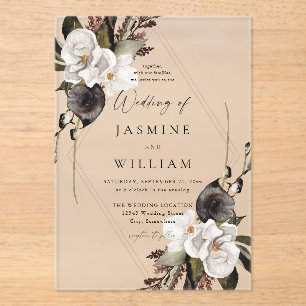 Invitations En Acrylique Mariage floral noir et blanc