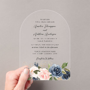 Invitations En Acrylique Mariage Floral Or Naval Rose Pâle Doré Arch