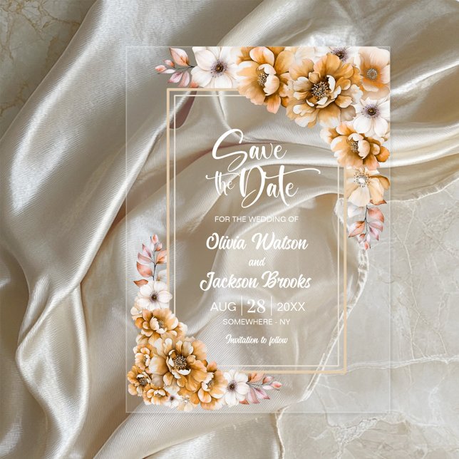 Invitations En Acrylique Mariage floral orange Enregistrer la date (Créateur téléchargé)