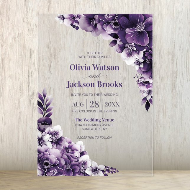 Invitations En Acrylique Mariage floral pourpre (Créateur téléchargé)