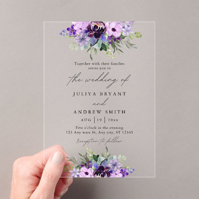 Invitations En Acrylique Mariage floral pourpre et vert (In situ (ordinateur de poche))