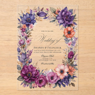 Invitations En Acrylique Mariage Floral prune, gris, cuivre et rose poudrée