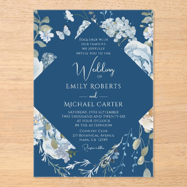 Invitations En Acrylique Mariage floral romantique bleu Dusty (Recto)