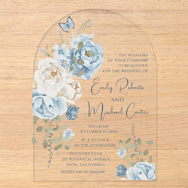 Invitations En Acrylique Mariage floral romantique bleu Dusty (Recto)