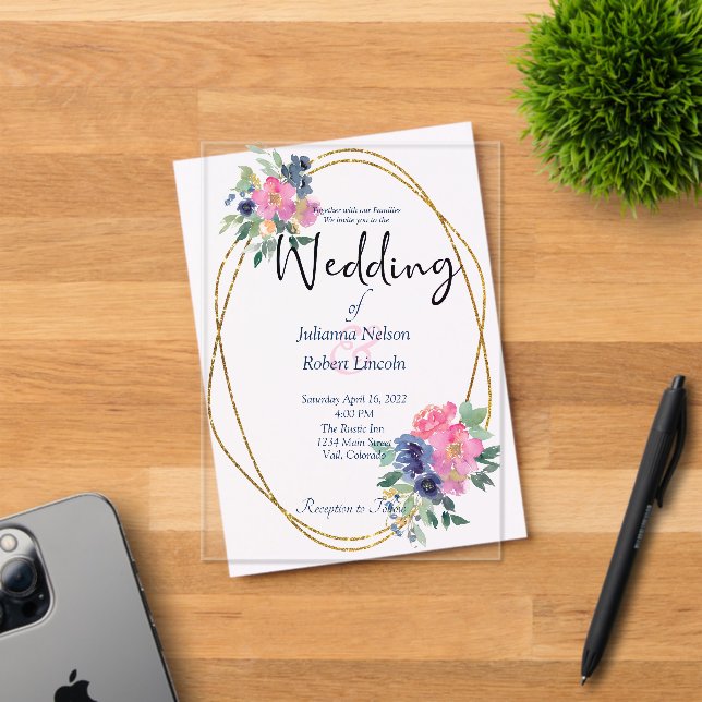 Invitations En Acrylique Mariage floral rose et bleu (Insitu (Carte d'invitation))