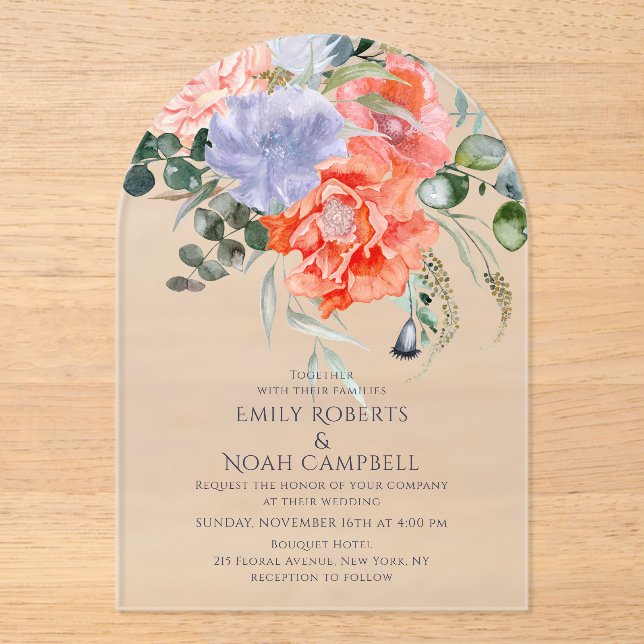 Invitations En Acrylique Mariage floral rose et bleu clair (Recto)