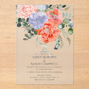 Invitations En Acrylique Mariage floral rose et bleu clair
