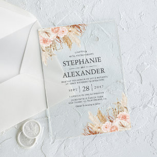 Invitations En Acrylique Mariage Floral Rose Herbe des Pampas