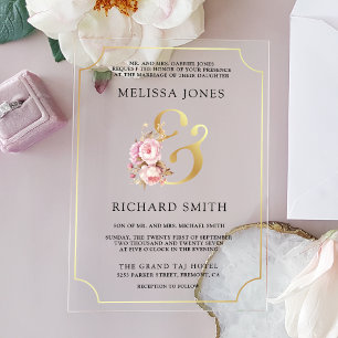 Invitations En Acrylique Mariage Floral Rose Pâle Doux Rêveur Or