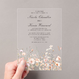 Invitations En Acrylique Mariage floral rose rose rose fleur sauvage