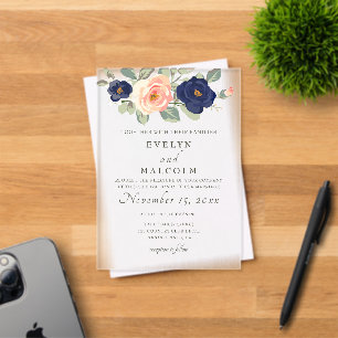 Invitations En Acrylique Mariage Floral Rustique Campagne Bleu Nuit et Pêch