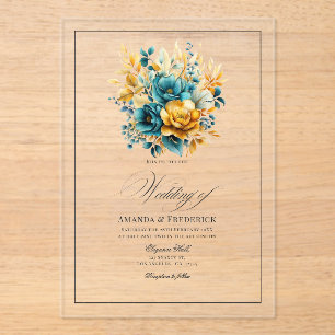 Invitations En Acrylique Mariage floral sarcelle et or transparent
