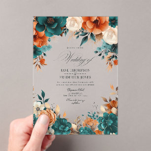 Invitations En Acrylique Mariage Floral Teal, Orange Brûlé & Champagne