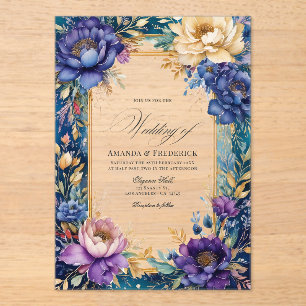Invitations En Acrylique Mariage floral transparent sarcelle, violet et or