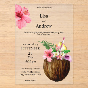 Invitations En Acrylique Mariage Floral Tropical Hawaïen et Noix de Coco