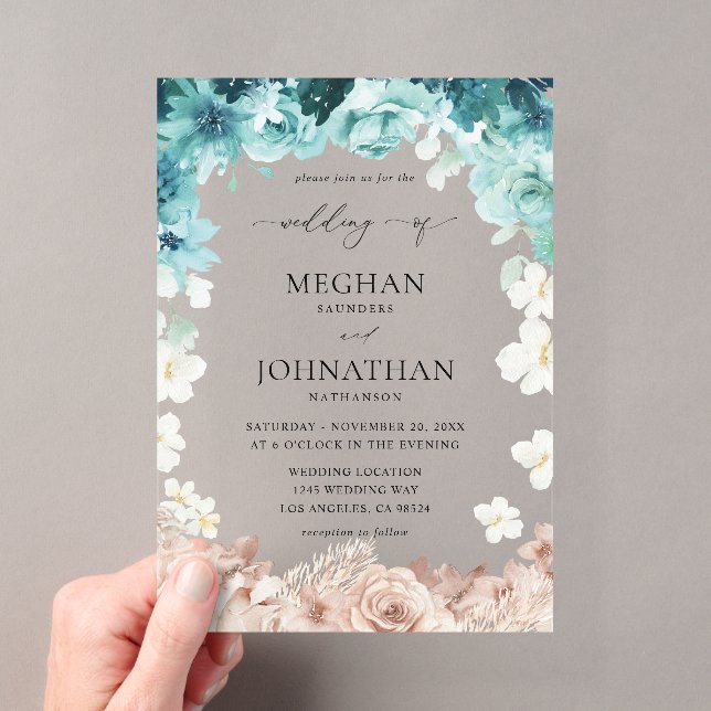 Invitations En Acrylique Mariage floral turquoise et rose pâle (In situ (ordinateur de poche))