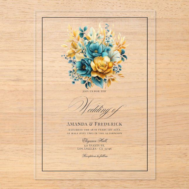 Invitations En Acrylique Mariage Floral Turquoise transparent et or (Recto)
