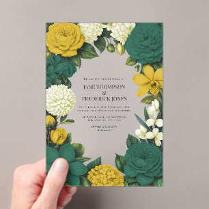 Invitations En Acrylique Mariage floral vert émeraude, or et ivoire