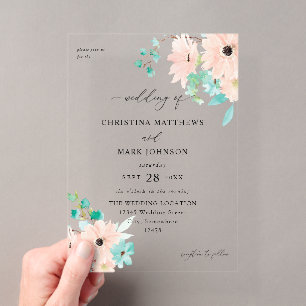 Invitations En Acrylique Mariage Floral Vert Menthe et Rose
