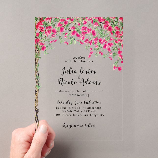 Invitations En Acrylique Mariage forestier tropical des Bougainvilliers ros (In situ (ordinateur de poche))