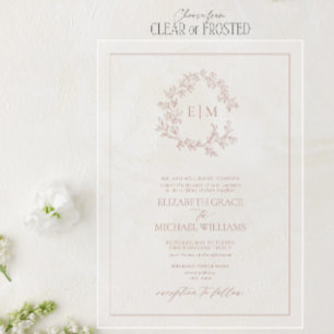 Invitations En Acrylique Mariage Formel Monogramme à Feuilles de Rose Pouss
