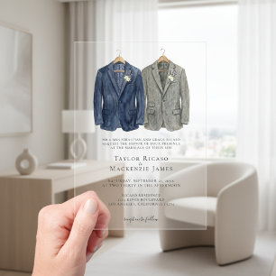 Invitations En Acrylique Mariage Gay Élégant Deux Mariés en Costume