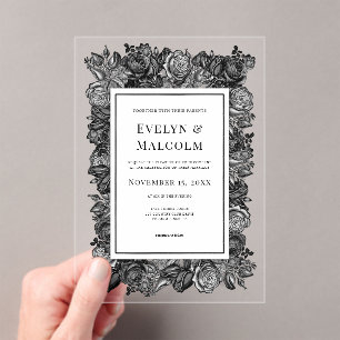 Invitations En Acrylique Mariage gothique aux roses noires et blanches