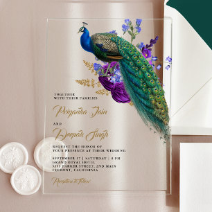 Invitations En Acrylique Mariage indien Royal Blue Floral au thème du paon