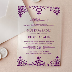 Invitations En Acrylique Mariage islamique élégant damassé violet