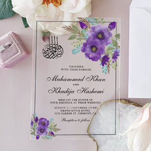 Invitations En Acrylique Mariage islamique floral aquarelle violet poussiér