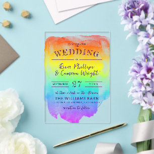 Invitations En Acrylique Mariage LGBTQ de lavis d'aquarelle arc-en-ciel