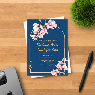 Invitations En Acrylique Mariage Luxueux Magnolia Bleu Nuit et Or à Arche