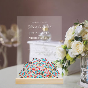 Invitations En Acrylique Mariage Mandala Cuisine Teinte de Bleu-vert & Vin