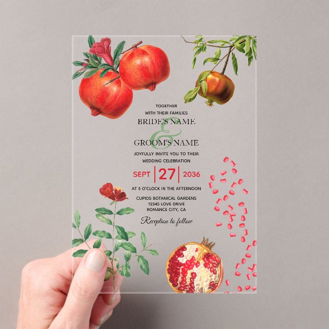 Invitations En Acrylique Mariage méditerranéen de la grenade rouge (In situ (ordinateur de poche))