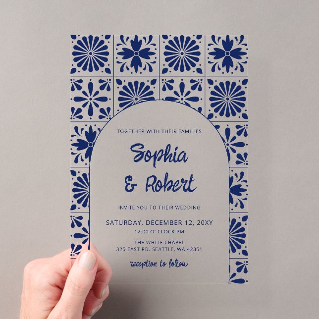 Invitations En Acrylique Mariage mexicain en carreaux de Talavera bleu (In situ (ordinateur de poche))