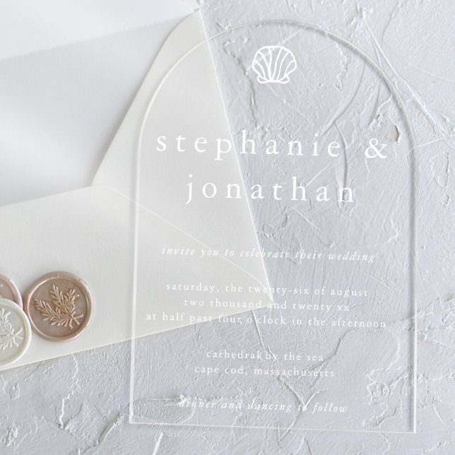 Invitations En Acrylique Mariage Minimaliste Blanc de Plage Côtière Coquill (Créateur téléchargé)