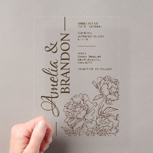 Invitations En Acrylique Mariage minimaliste de luxe aux pivoines