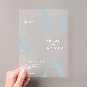 Invitations En Acrylique Mariage minimaliste moderne bleu poussiéreux et bl