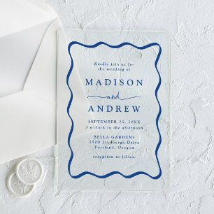 Invitations En Acrylique Mariage moderne à cadre bleu vague