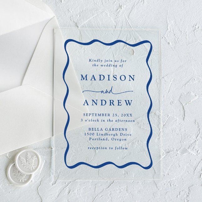 Invitations En Acrylique Mariage moderne à cadre bleu vague (Créateur téléchargé)