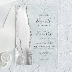Invitations En Acrylique Mariage Moderne Agate Grise Blanche Argentée