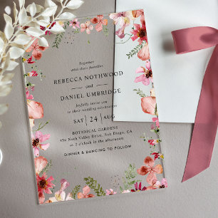 Invitations En Acrylique Mariage moderne aux fleurs roses poussiéreuses