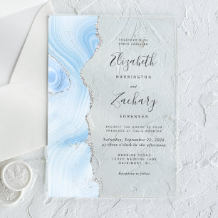 Invitations En Acrylique Mariage Moderne Bébé Bleu Argent Agate