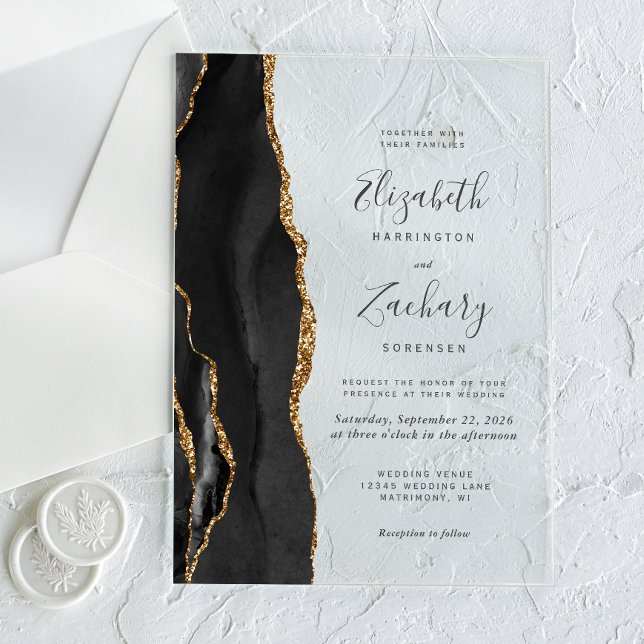 Invitations En Acrylique Mariage moderne Black Gold Agate (Créateur téléchargé)