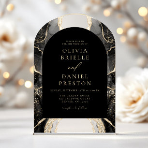 Invitations En Acrylique Mariage moderne Black Gold Agate Elegant