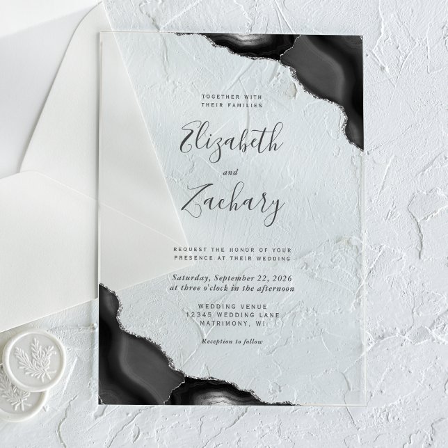 Invitations En Acrylique Mariage moderne Black Silver Agates Corners (Créateur téléchargé)