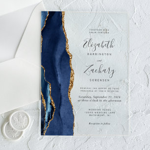 Invitations En Acrylique Mariage Moderne Bleu Nuit Agate Or